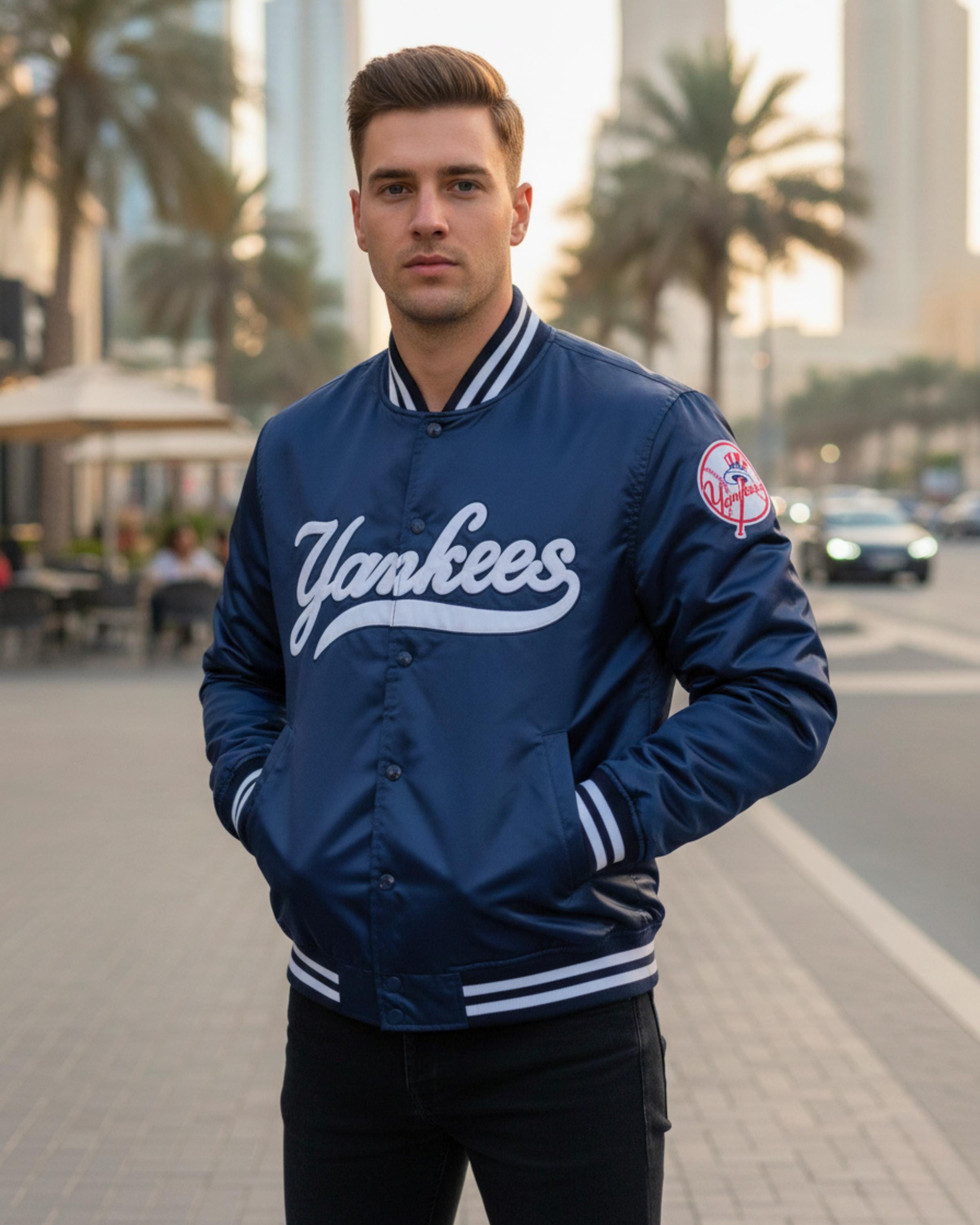Vintage 90s New York Yankees Satin Baseball Bomber Jacket | MLB Varsity Style | Navy Blue Streetwear