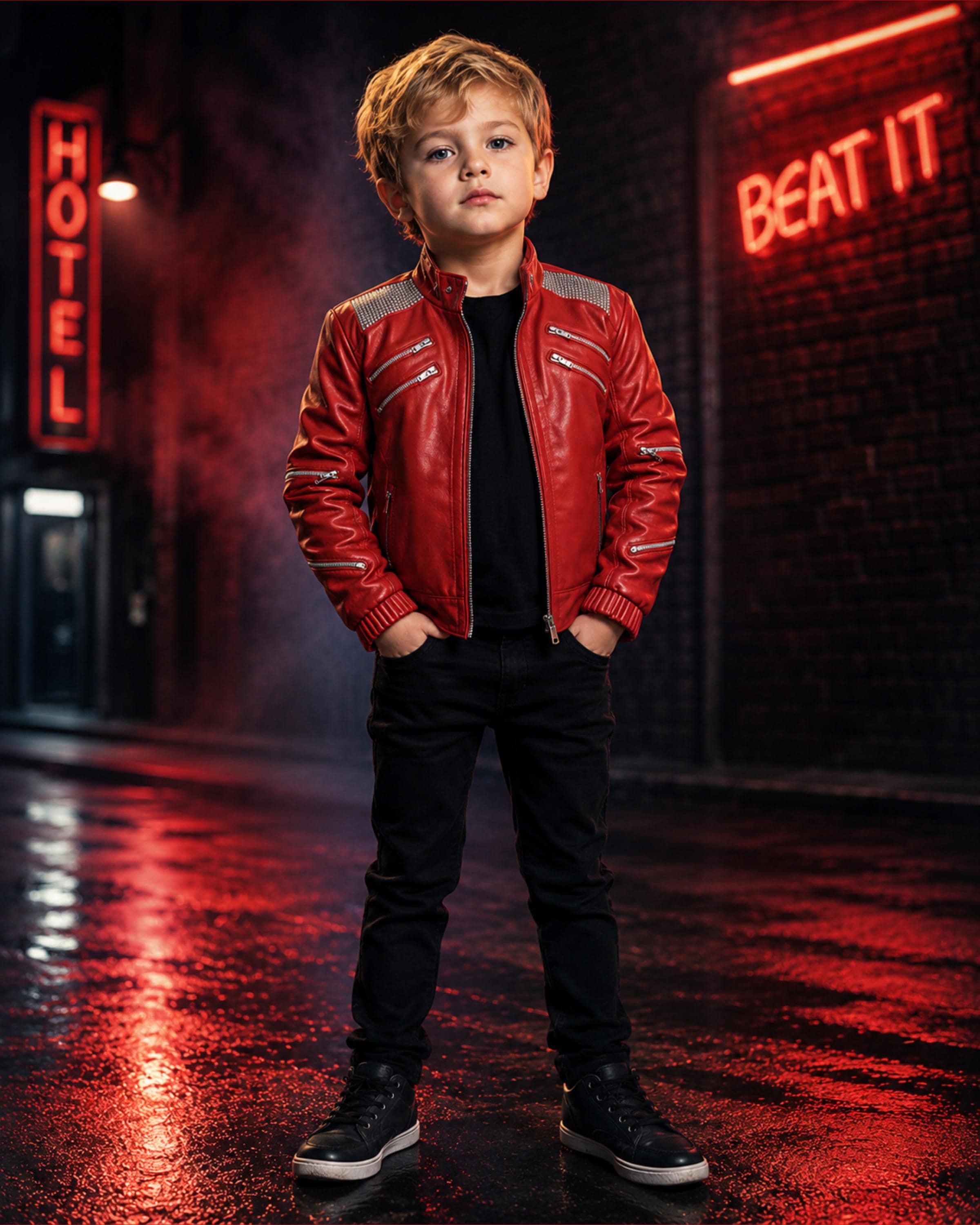 Kids Michael Jackson Thriller Red Leather Jacket | Boys MJ Beat It Costume | 80s Pop Star Halloween Cosplay Outfit | Han