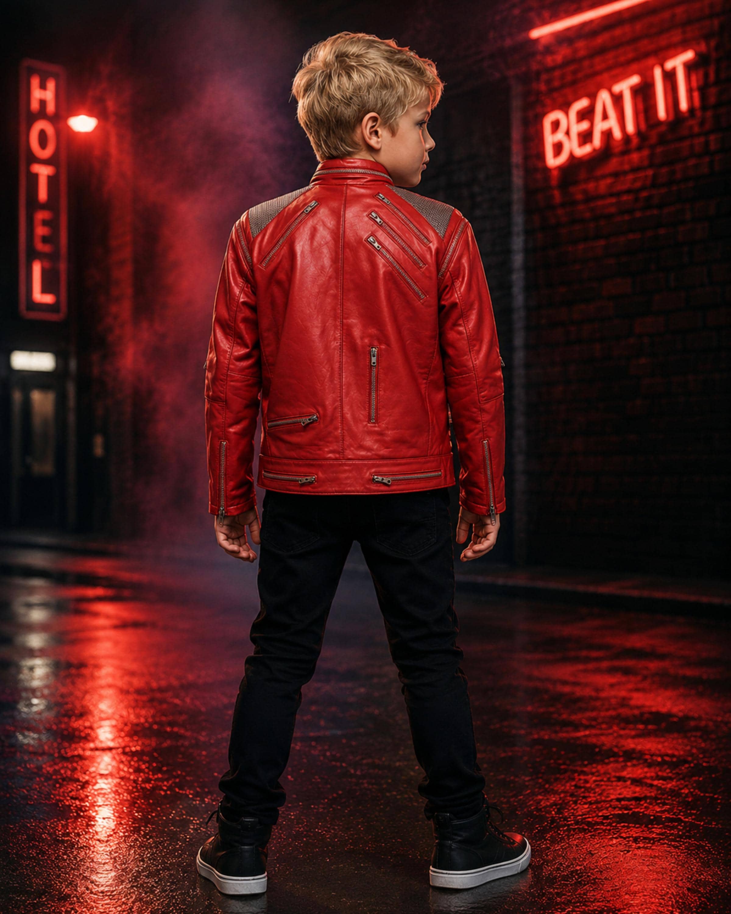 Kids Michael Jackson Thriller Red Leather Jacket | Boys MJ Beat It Costume | 80s Pop Star Halloween Cosplay Outfit | Han