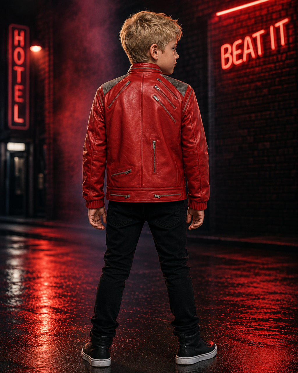 Kids Michael Jackson Thriller Red Leather Jacket | Boys MJ Beat It Costume | 80s Pop Star Halloween Cosplay Outfit | Han