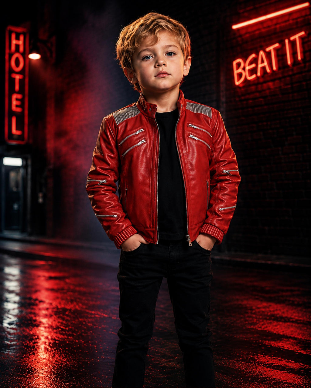 Kids Michael Jackson Thriller Red Leather Jacket | Boys MJ Beat It Costume | 80s Pop Star Halloween Cosplay Outfit | Han