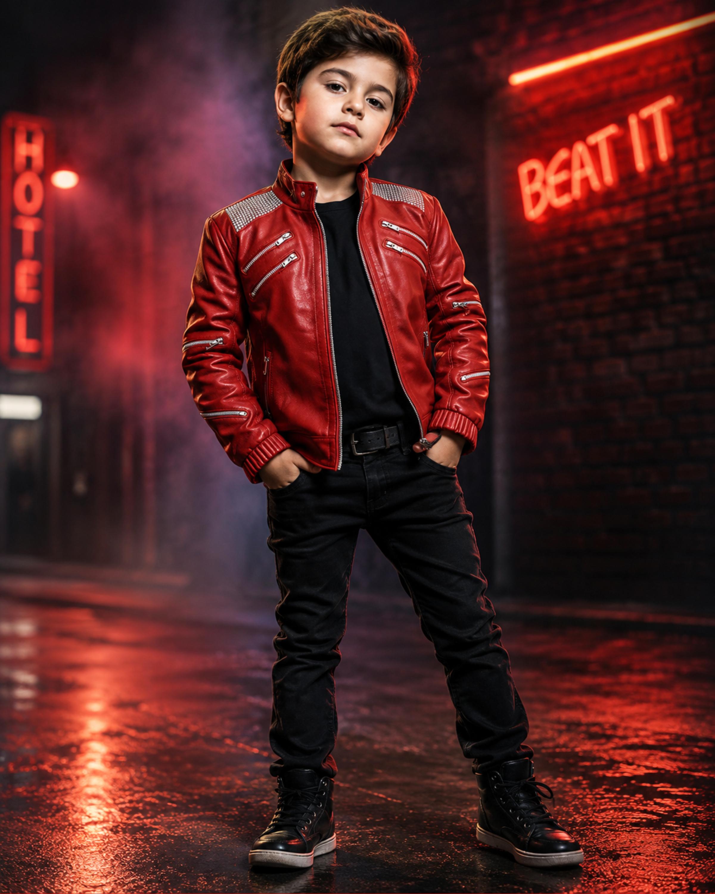 Kids Michael Jackson Thriller Red Leather Jacket | Boys MJ Beat It Costume | 80s Pop Star Halloween Cosplay Outfit | Han